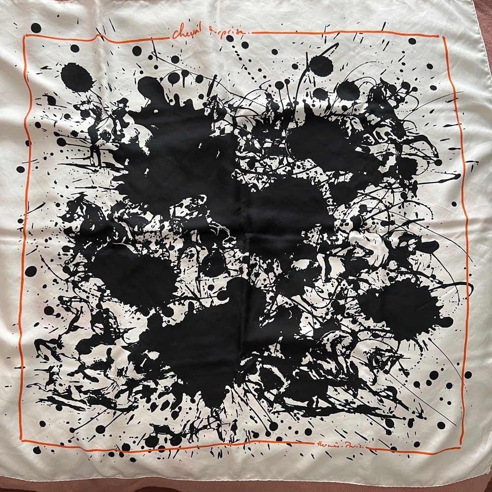 Hermes Cheval Surprise Black and White Abstract Silk Scarf